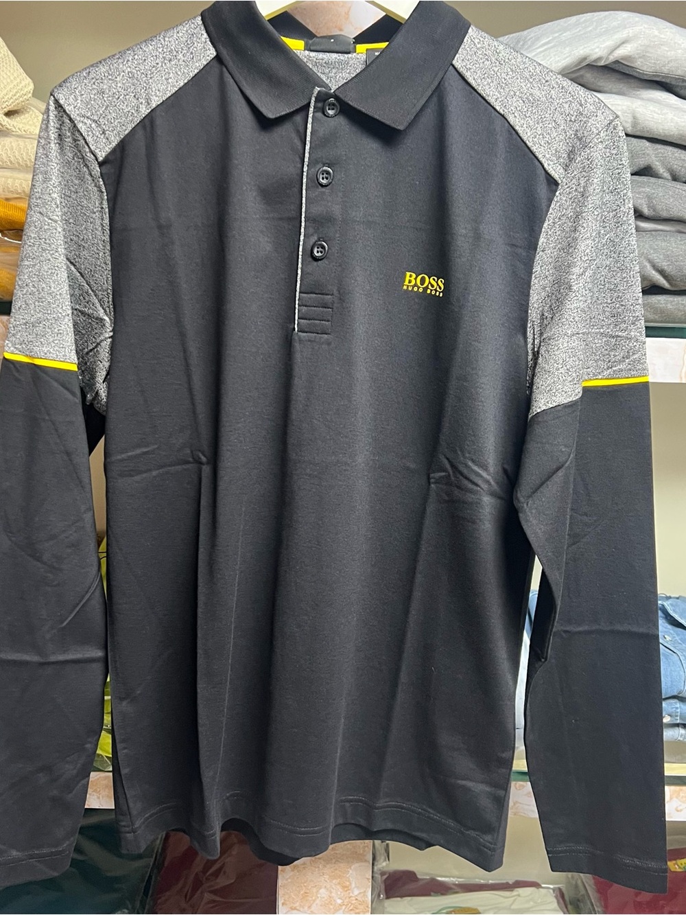 Boss Black Long-Sleeve Polo with Gray Shoulders and Yellow Logo